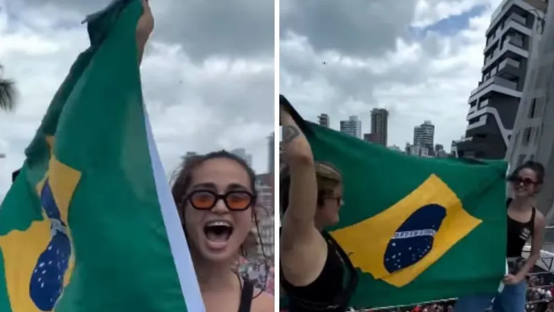 Nanda Costa exibe bandeira do Brasil durante manifestação em Salvador: “A bandeira é nossa”