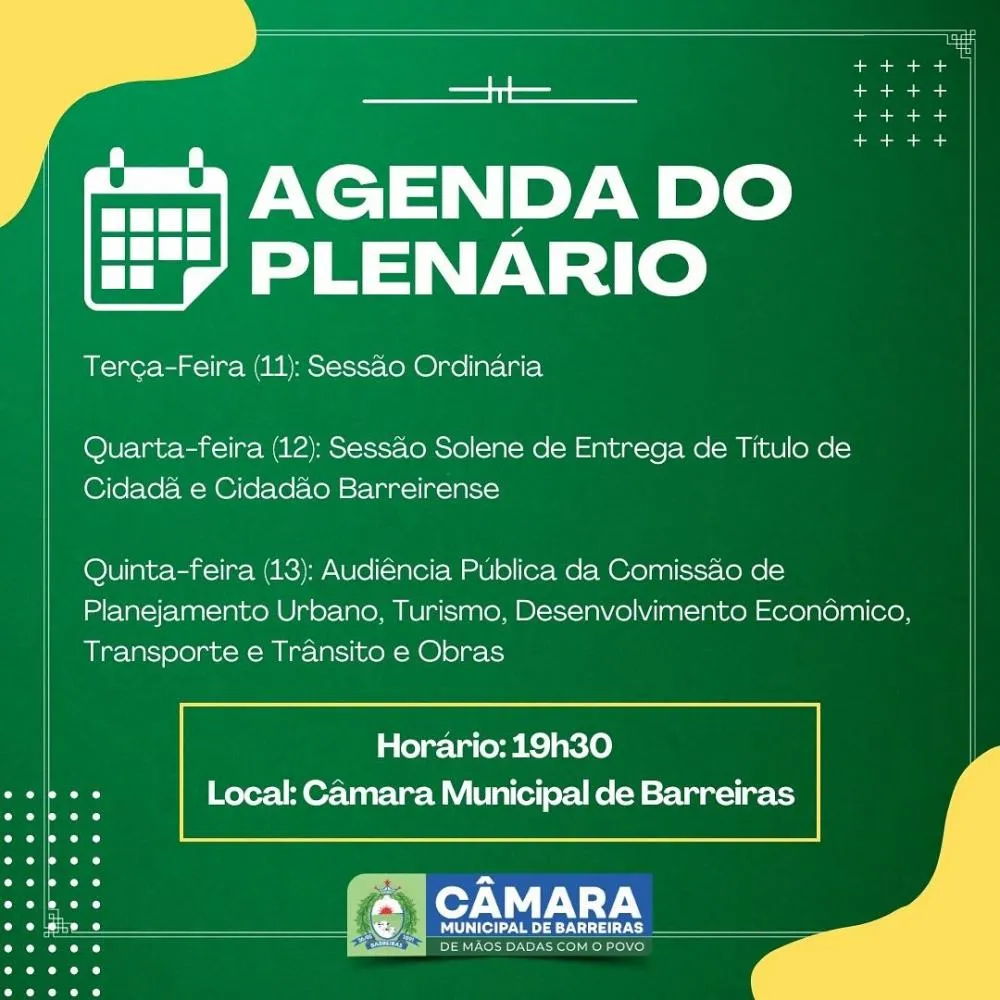 Câmara de Barreiras divulga agenda do plenário para esta semana
